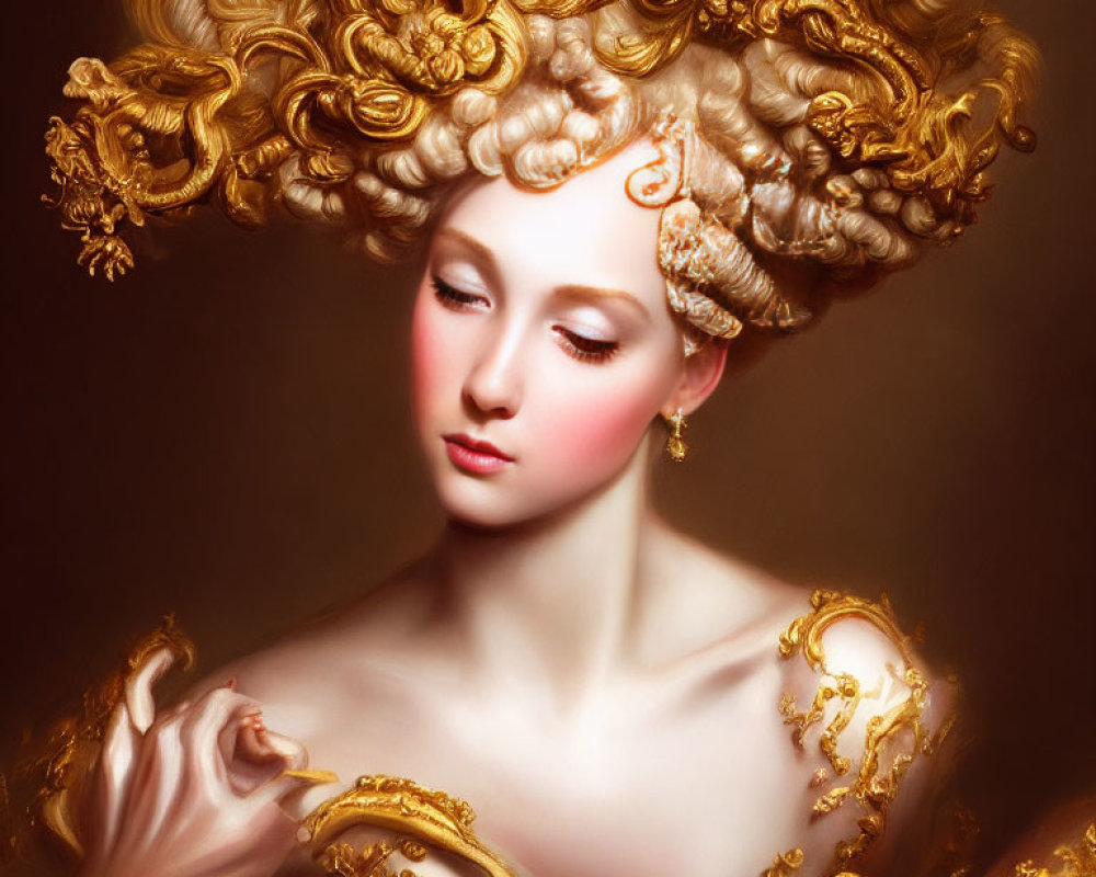 Baroque-style portrait of a woman with golden headdress and clothing.