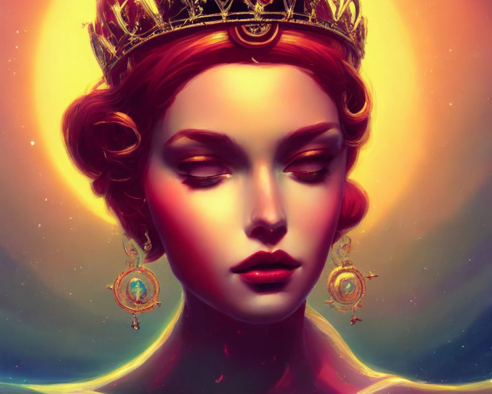 Regal woman with golden crown and serene expression