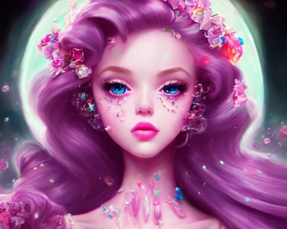 Vibrant purple hair, flower adornments, glittery makeup, crystal accessories