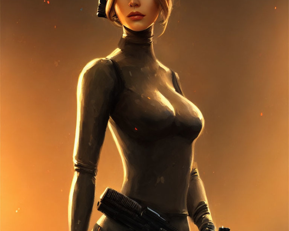 Female character in futuristic attire with gun on warm backdrop