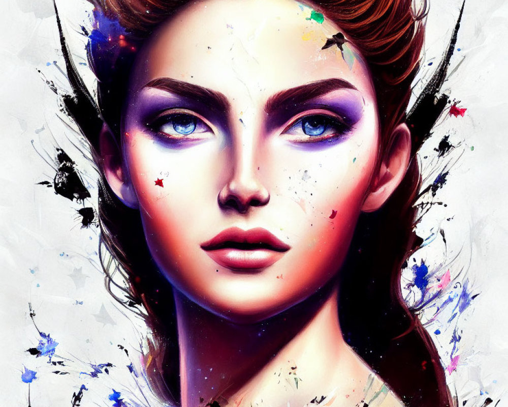 Vibrant digital portrait of a woman with blue eyes and artistic makeup