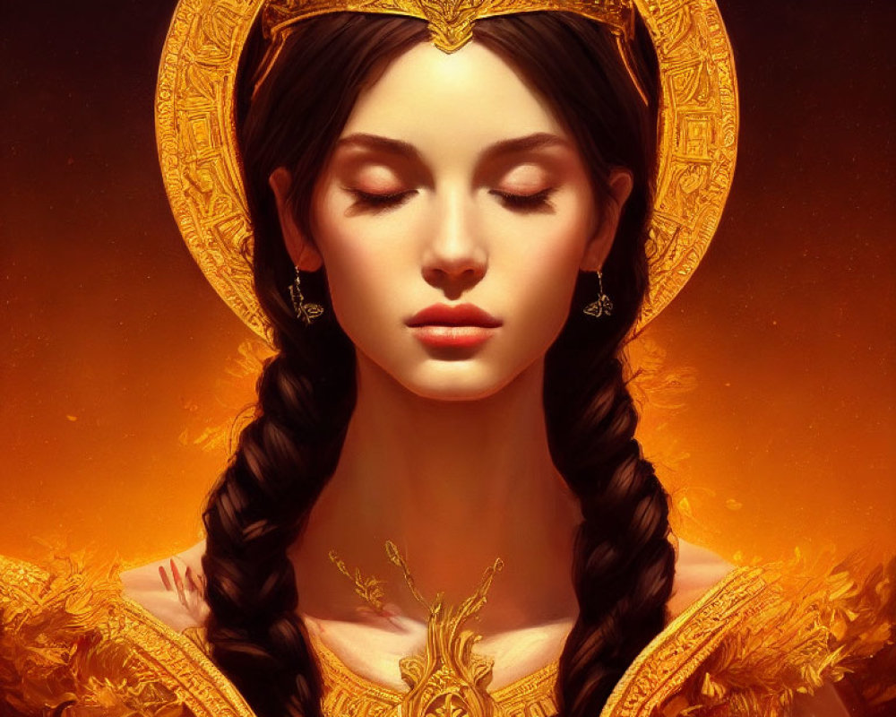 Regal Woman with Braided Hairdo and Golden Headpiece