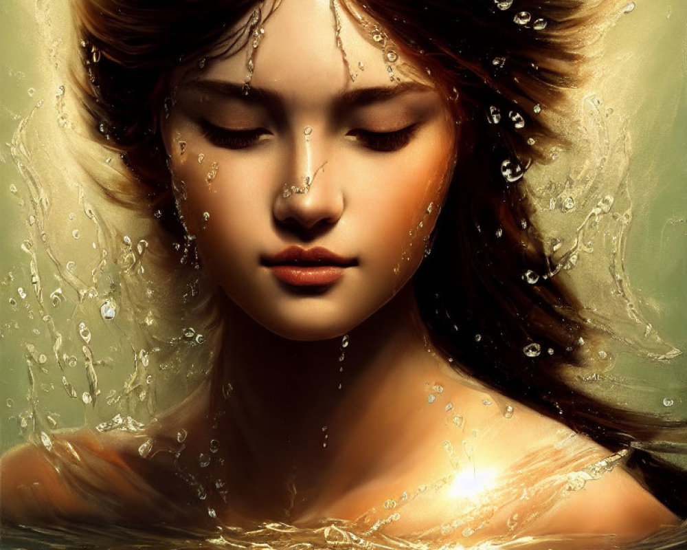 Woman Submerged in Water with Flowing Hair and Jewel on Forehead