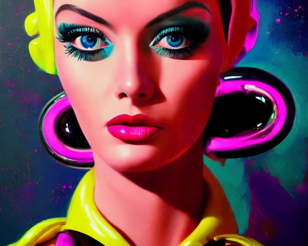 Colorful digital artwork: Woman with blue eyes, yellow and pink attire, under neon lighting.