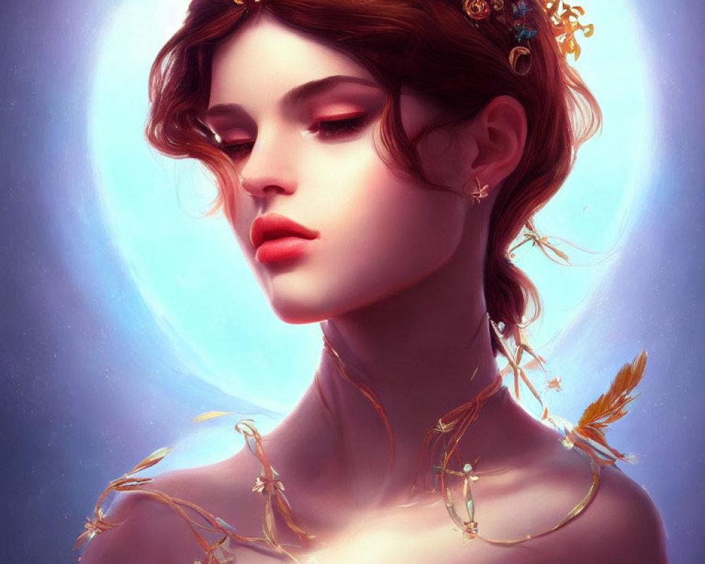 Digital art portrait of a woman with jeweled crown and feathered accessory