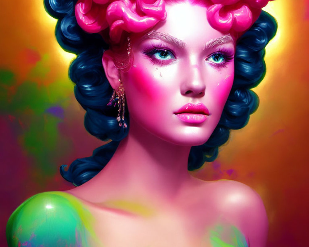 Vibrant digital artwork of a woman with pink and blue hair & colorful skin tones