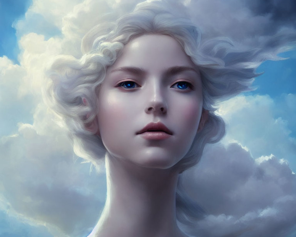 Portrait of a woman with pale skin, light blue eyes, and white curly hair in a blue sky