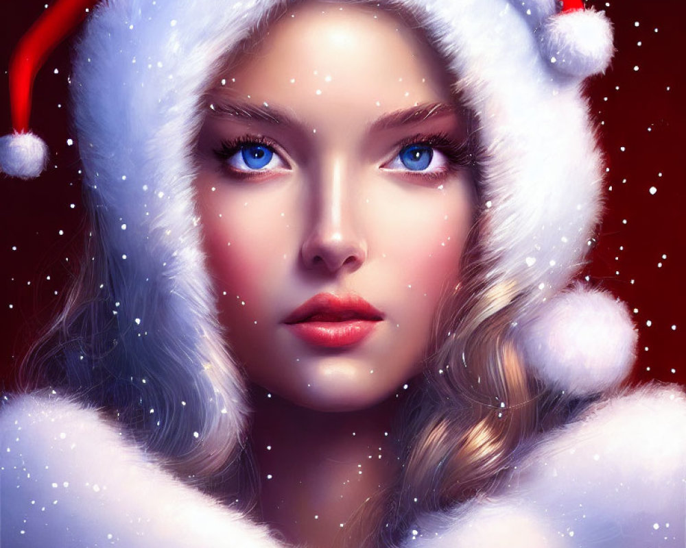 Blonde Woman in Santa Hat with Blue Eyes and Snowy Background