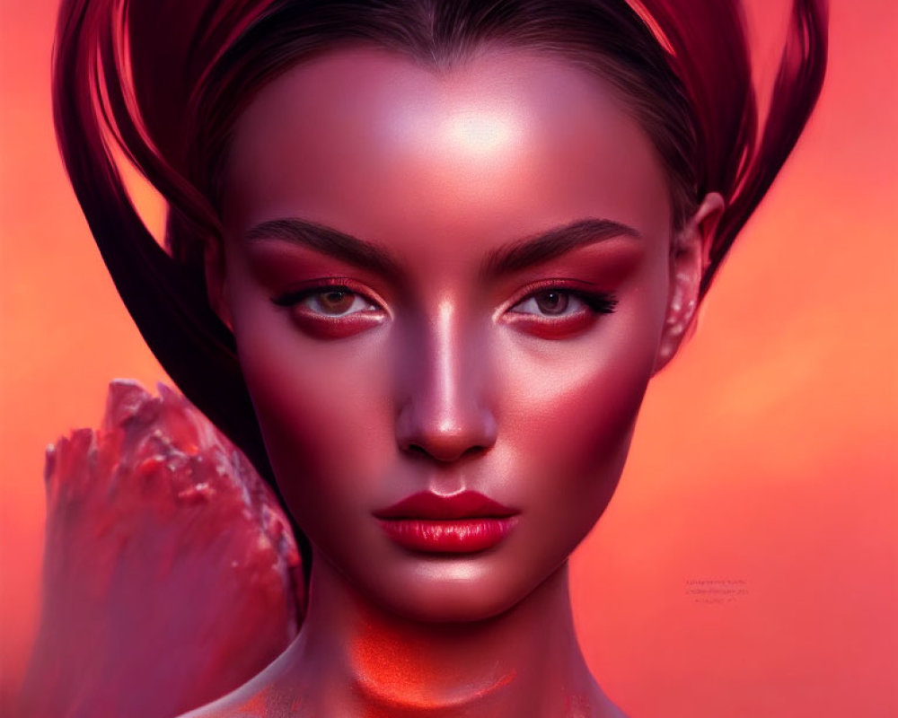 Stylized portrait of person with red hair and makeup on red backdrop