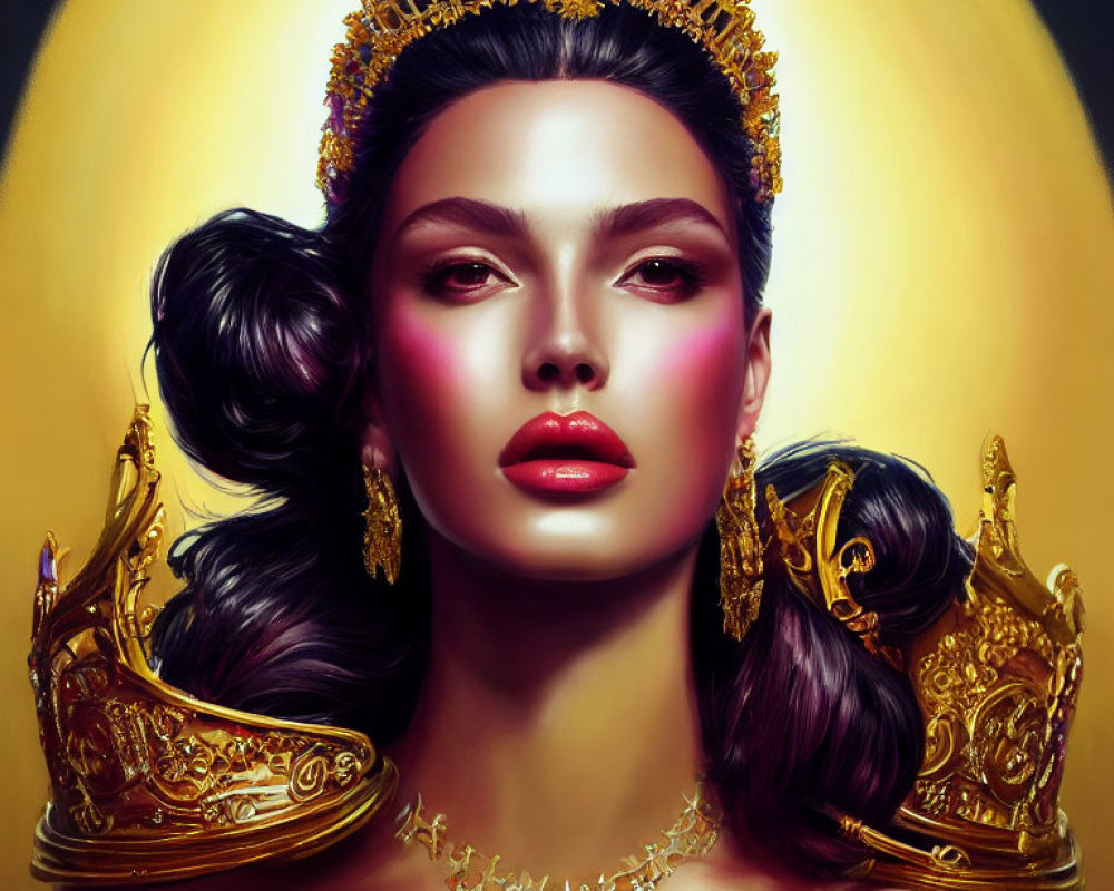 Detailed digital illustration of woman with golden crown and earrings on glowing backdrop