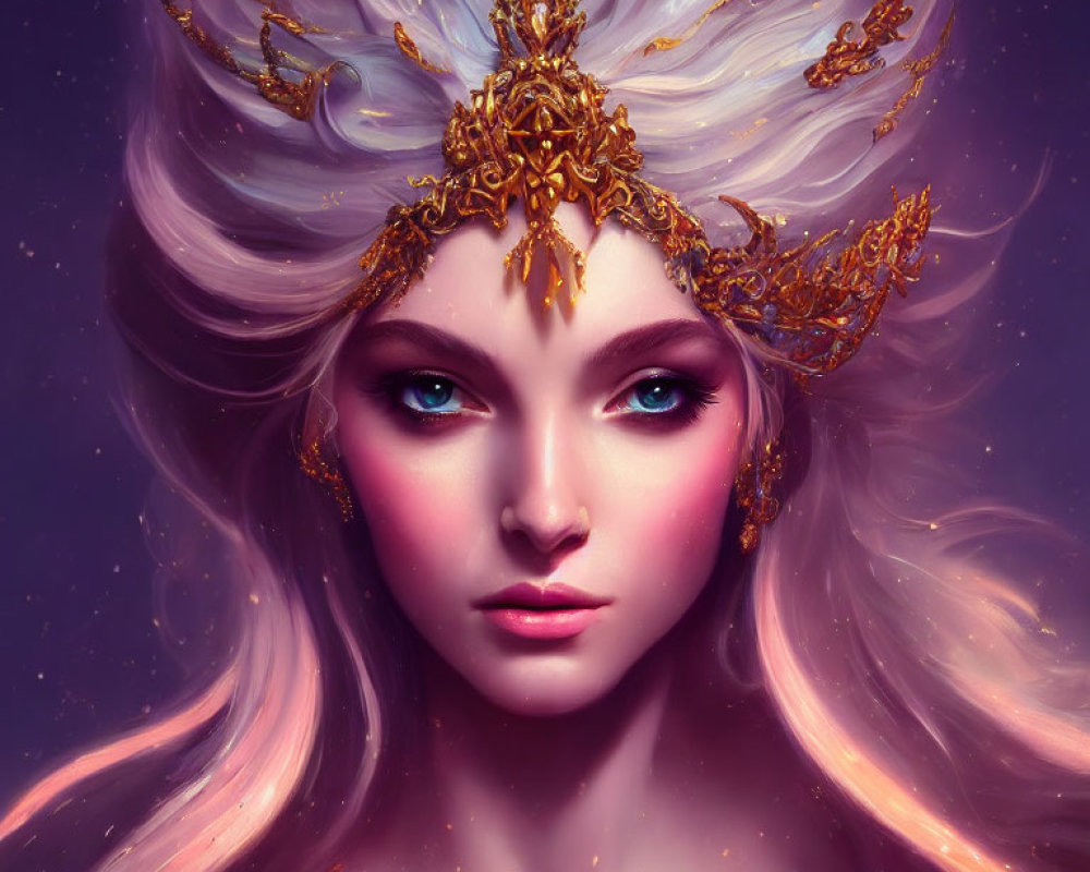 Digital Artwork: Woman with Pink Hair and Golden Headdress