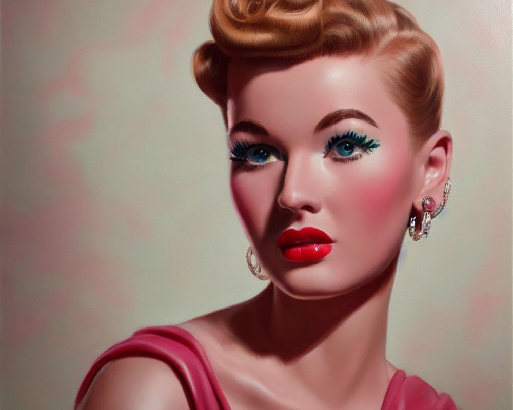 Stylized portrait of woman with 1950s hairstyle & pink dress