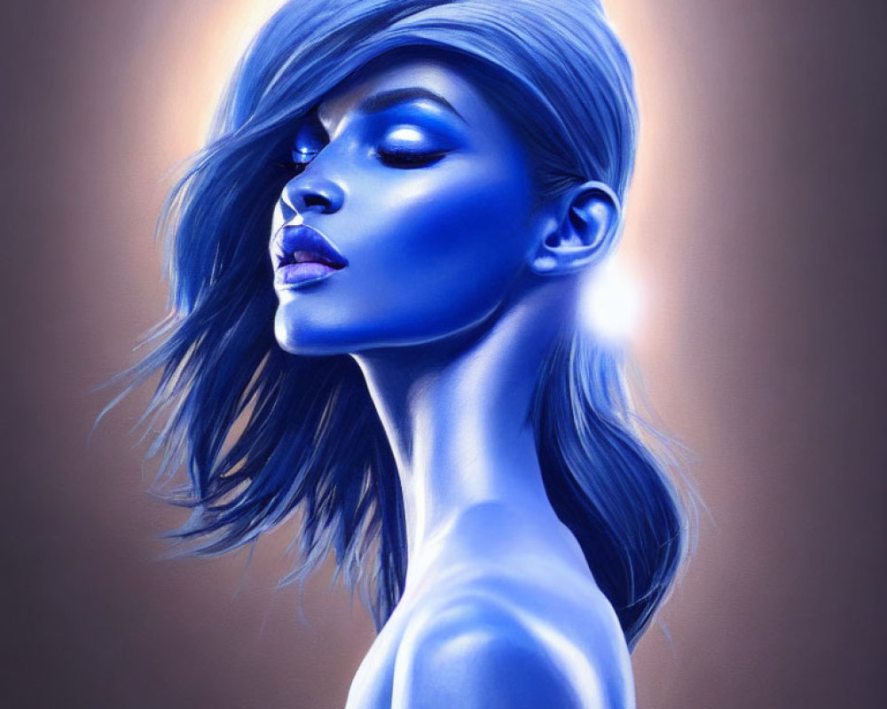 Blue-skinned woman digital artwork on warm background