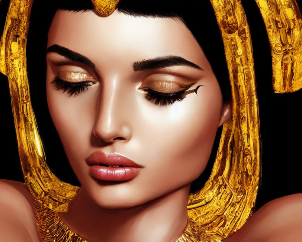 Stylized portrait of woman with gold headdress and jewelry