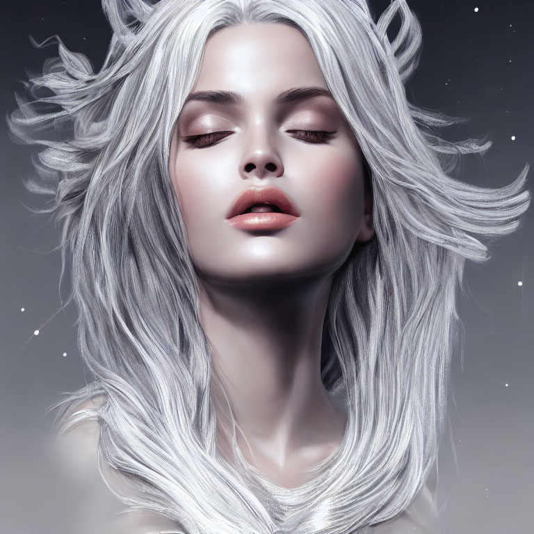 Silver-haired woman portrait against starry gray backdrop