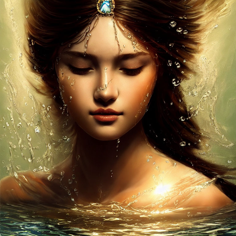 Woman Submerged in Water with Flowing Hair and Jewel on Forehead