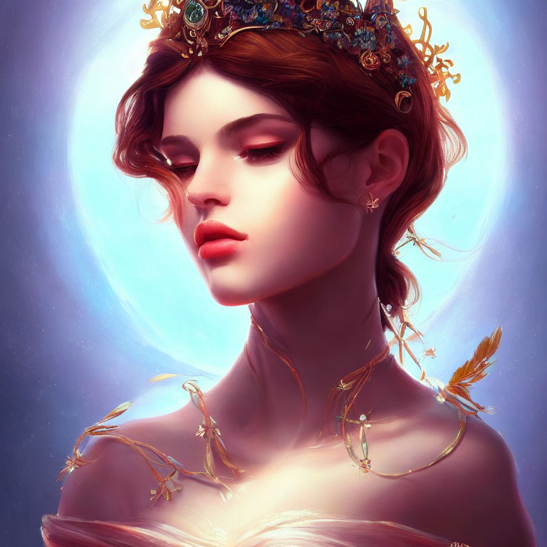 Digital art portrait of a woman with jeweled crown and feathered accessory