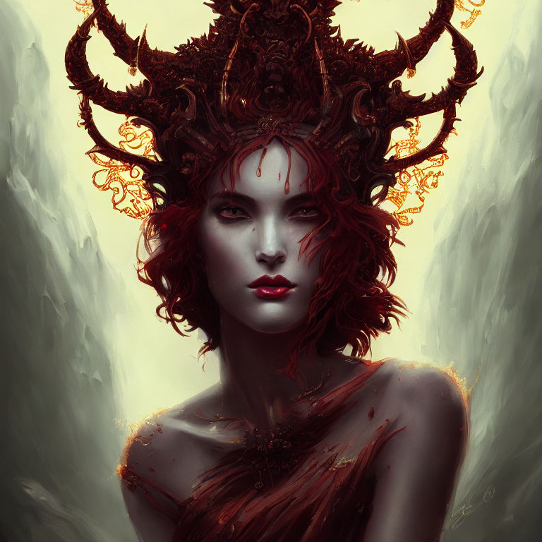 Illustrated red-skinned woman with horned headpiece in misty setting