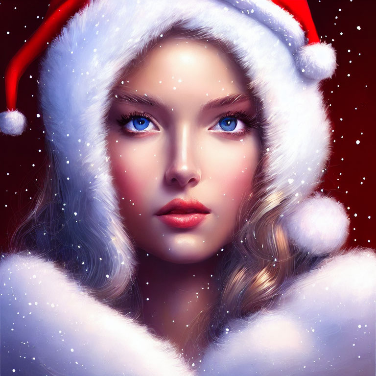 Blonde Woman in Santa Hat with Blue Eyes and Snowy Background