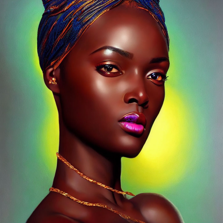 Portrait of Woman with Dark Skin, Pink Lips, and Blue Headwrap on Colorful Background