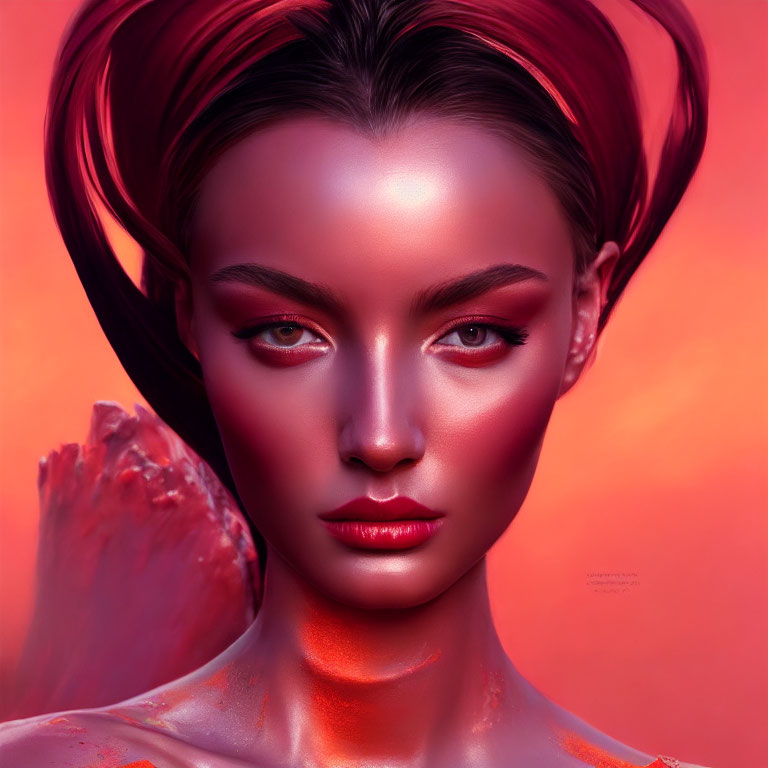 Stylized portrait of person with red hair and makeup on red backdrop