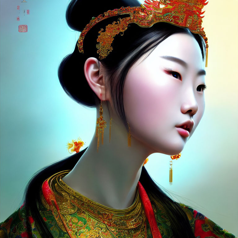 Digital portrait of woman in traditional Chinese attire with ornate headdress and gold jewelry