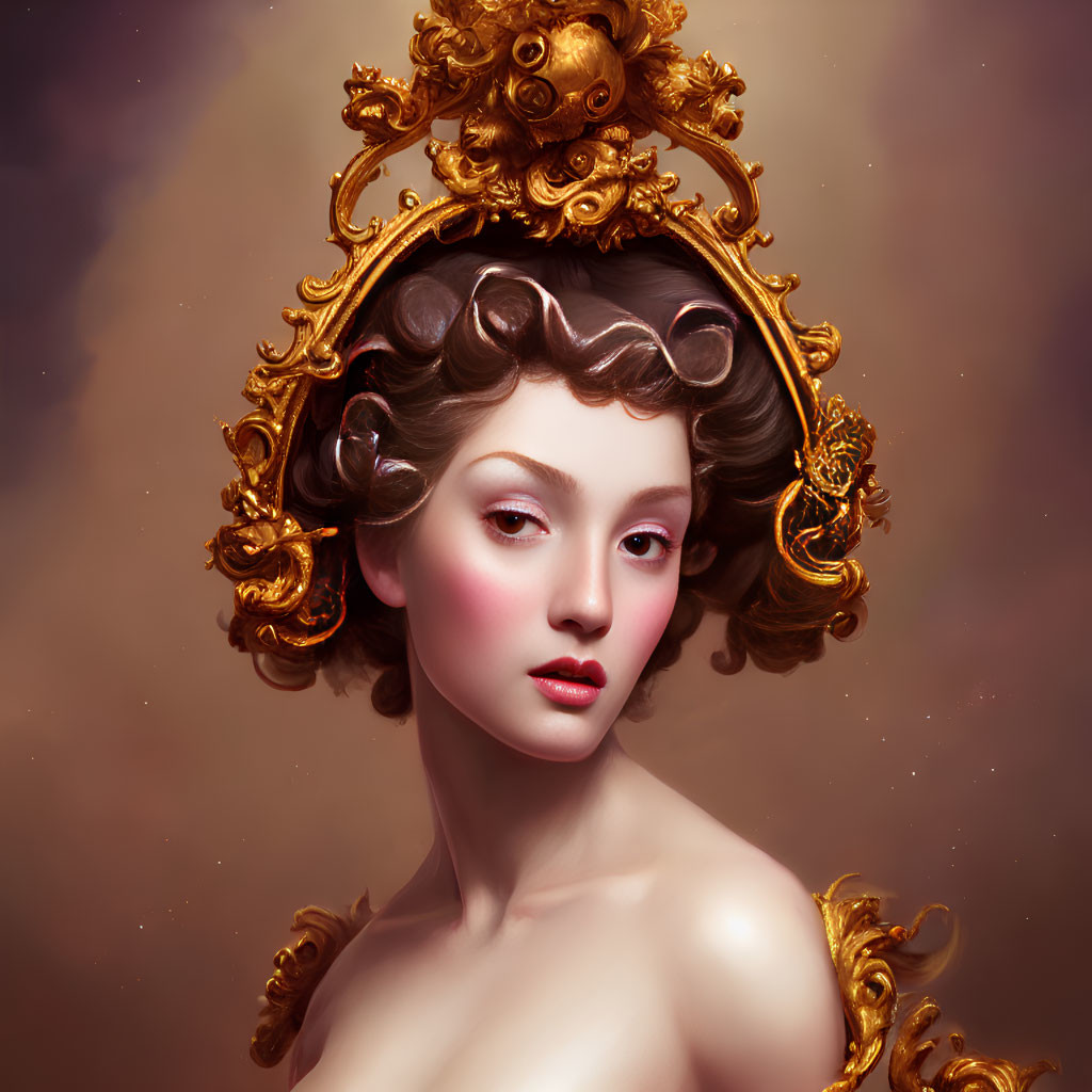 Baroque-style woman portrait with golden headpiece on warm backdrop