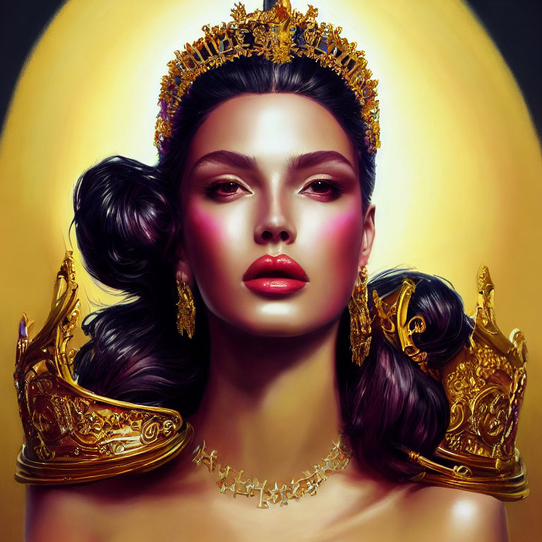 Detailed digital illustration of woman with golden crown and earrings on glowing backdrop