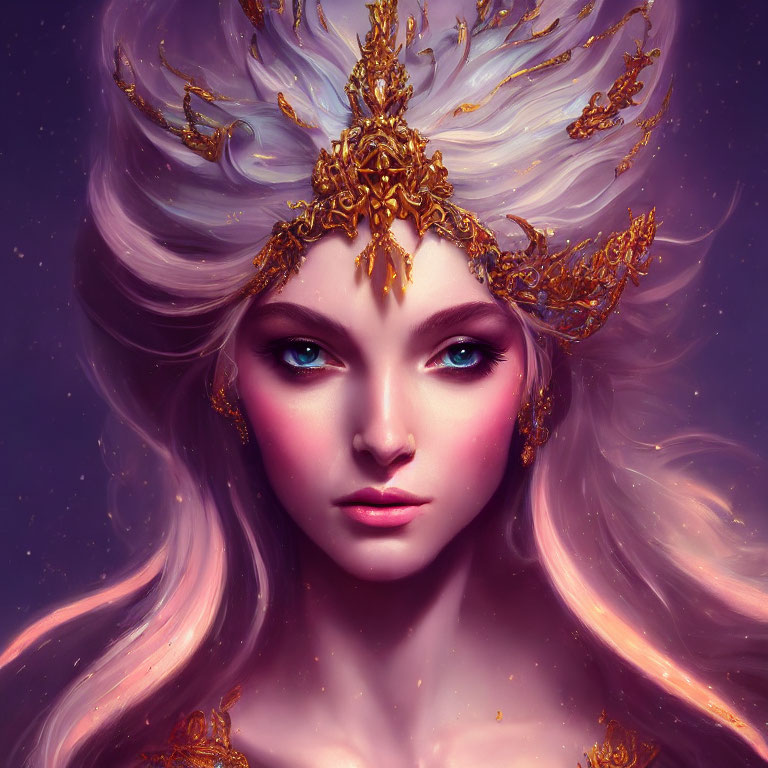 Digital Artwork: Woman with Pink Hair and Golden Headdress