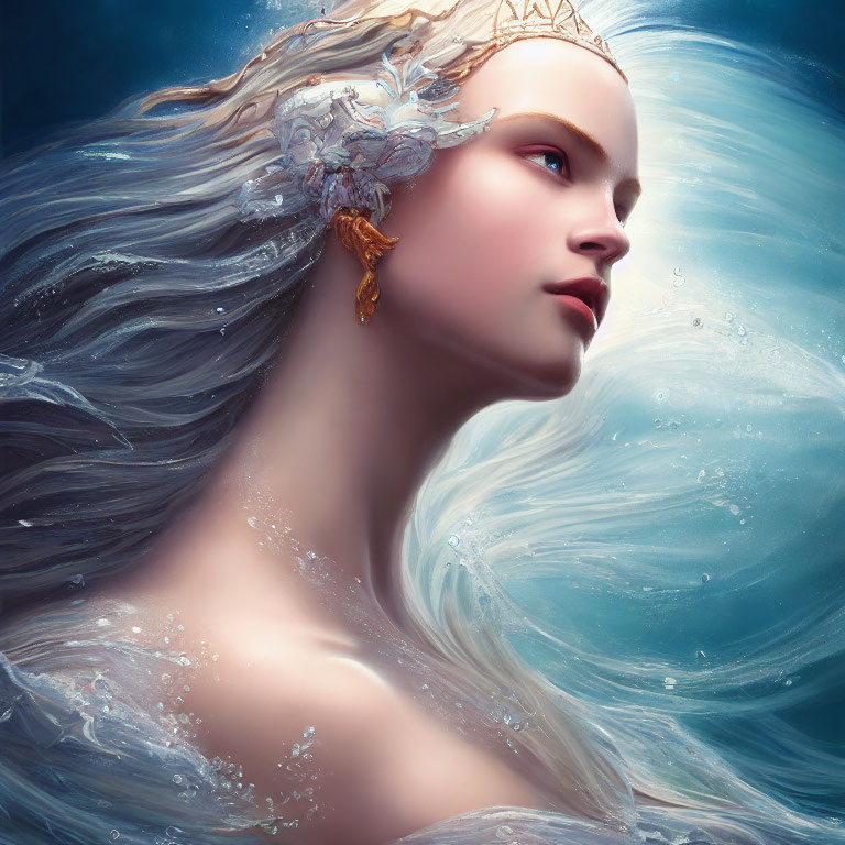 Ethereal female character with white hair and intricate headwear on blue backdrop