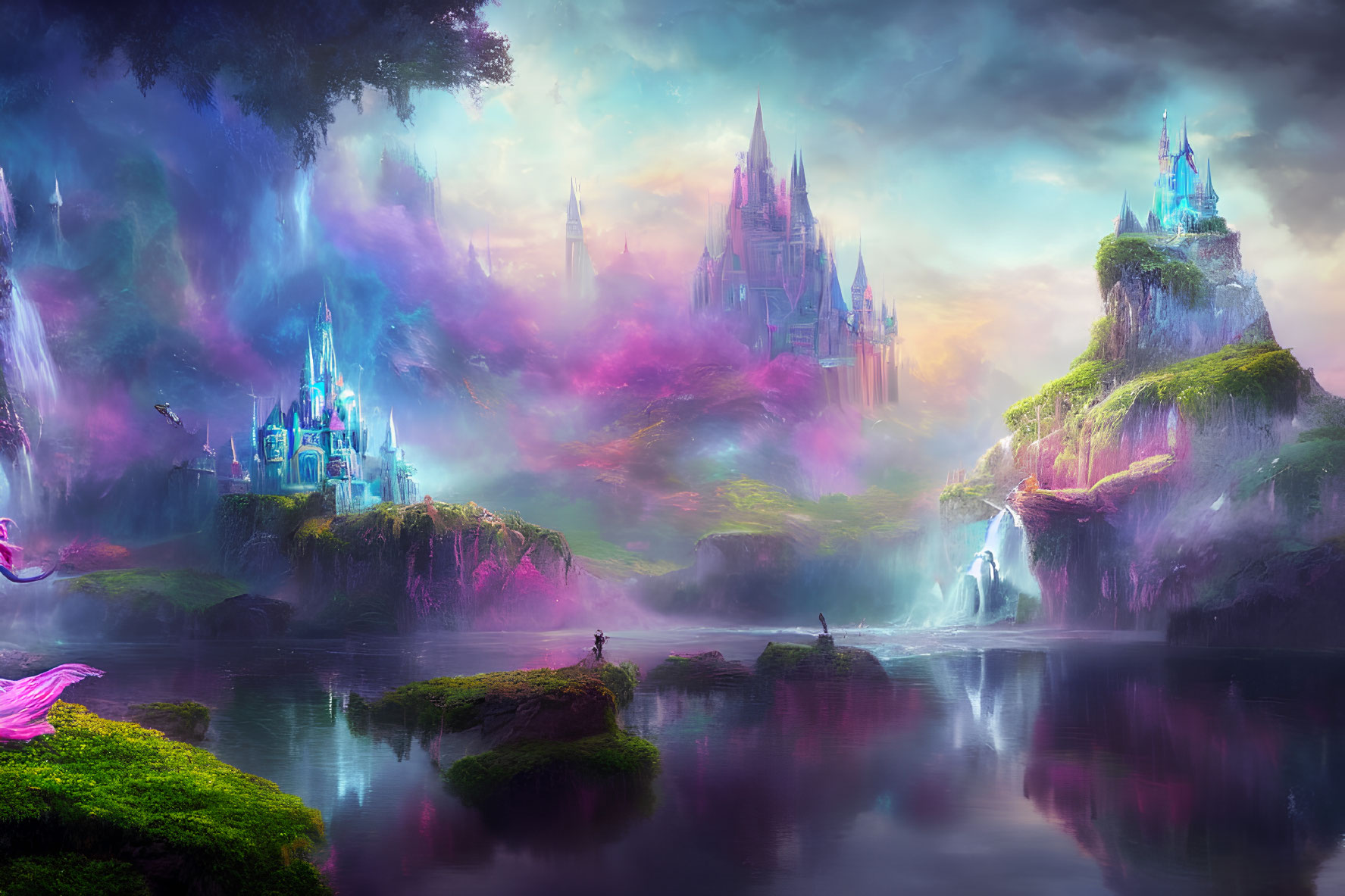 Fantasy landscape with floating islands, castles, waterfalls, lush forest, and colorful sky