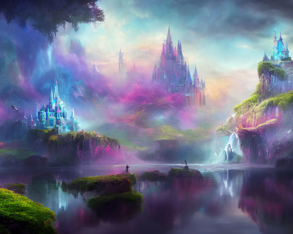 Fantasy landscape with floating islands, castles, waterfalls, lush forest, and colorful sky