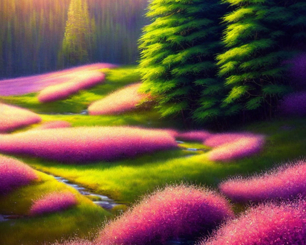 Vibrant fantasy landscape with green trees, stream, and pink grass under soft light