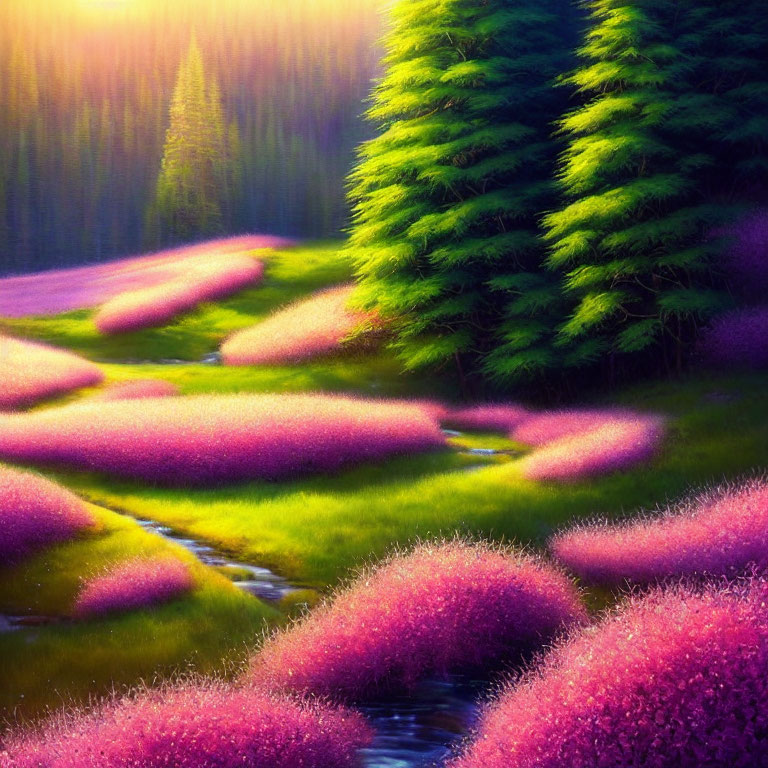 Vibrant fantasy landscape with green trees, stream, and pink grass under soft light