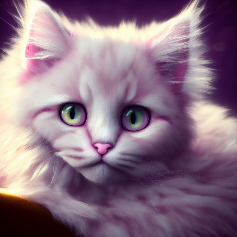 Fluffy White Cat with Pink Ears and Green Eyes on Purple Background