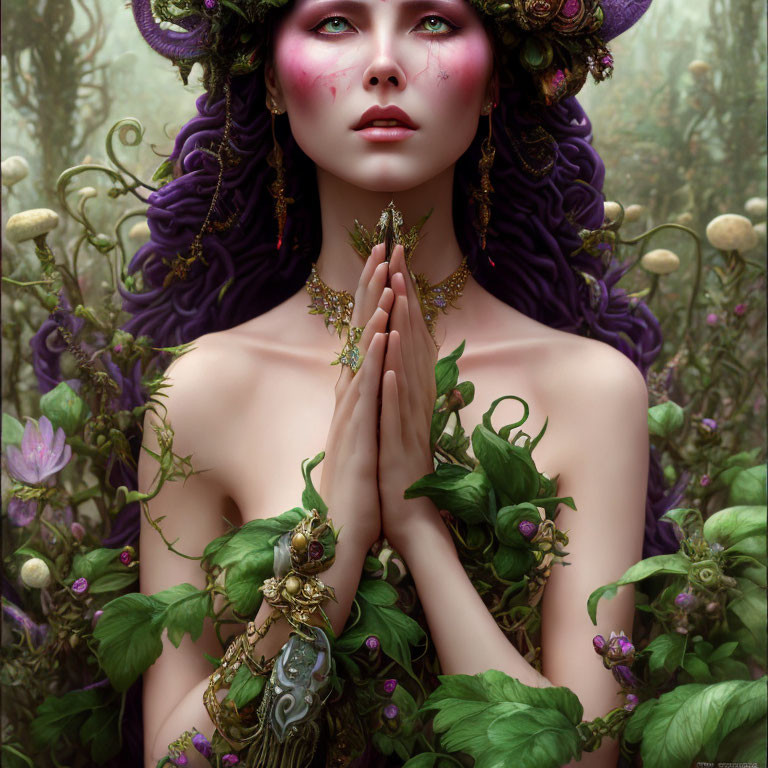 Elaborate purple hair female figure in fantasy setting surrounded by lush greenery