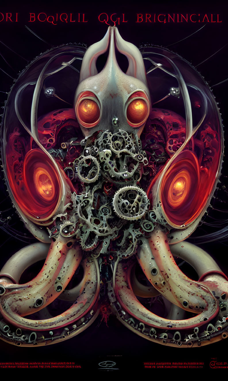 Mechanical octopus with glowing orange eyes and steampunk design