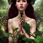 Elaborate purple hair female figure in fantasy setting surrounded by lush greenery