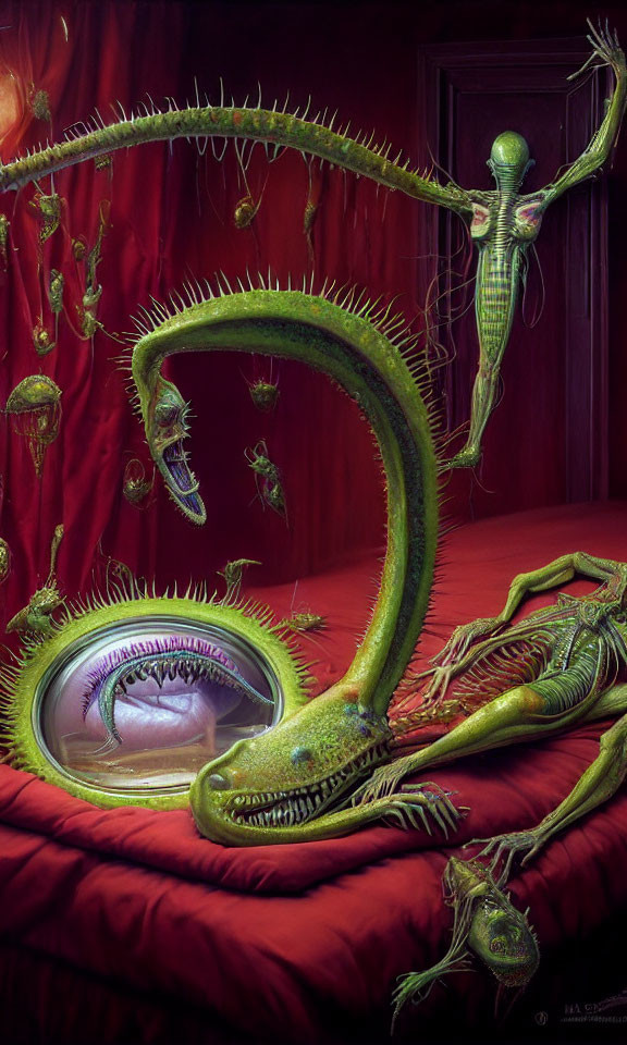 Surreal artwork: elongated green creature with eye-like body in red drapery.