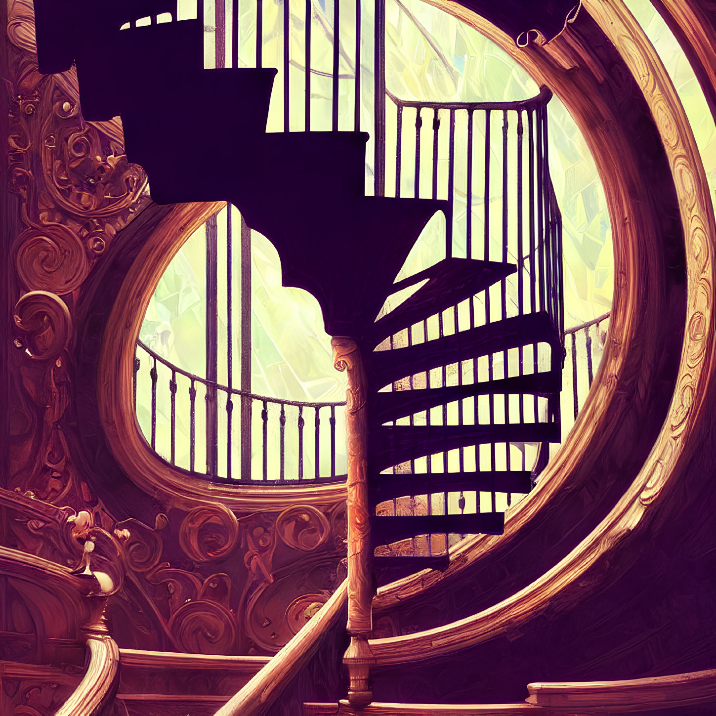 Ornate spiral staircase with wooden railings and stained glass windows in grand interior