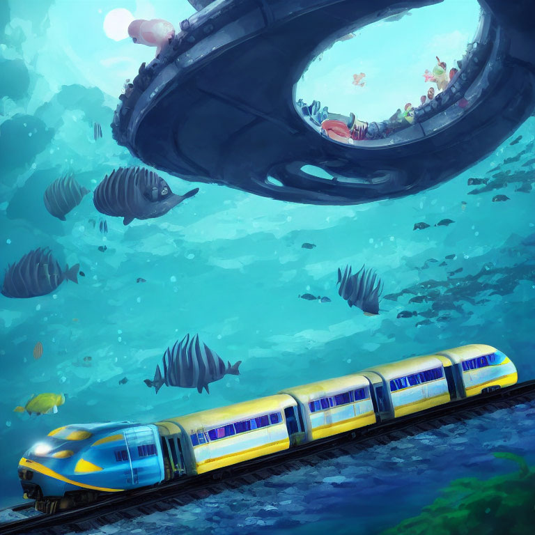 Futuristic underwater scene with passing train and large fish.