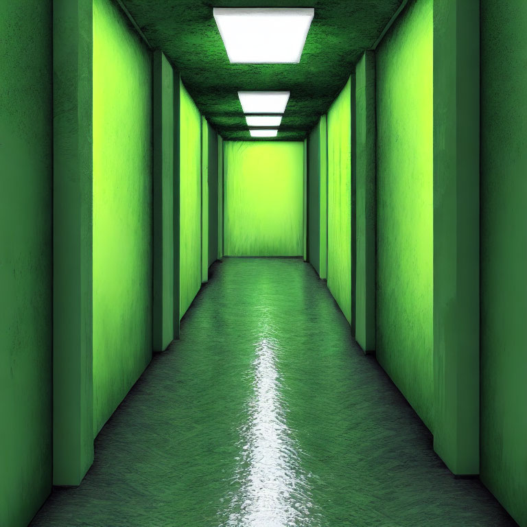 Green-walled corridor with glossy floor and fluorescent lighting