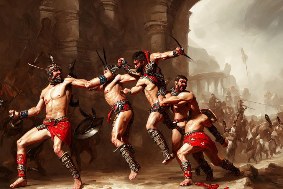 Animated Spartan warriors in red cloaks battle in chaotic scene