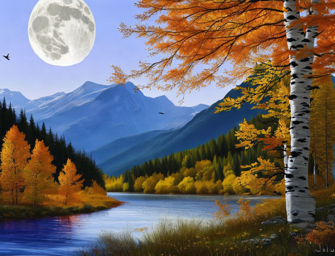 Vibrant autumn landscape with river, mountains, and full moon