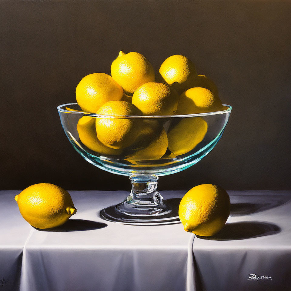 Realistic still life painting of bright yellow lemons in glass bowl