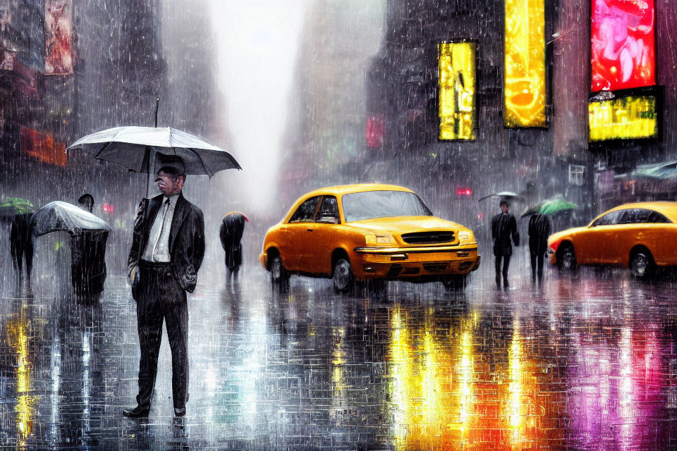 Man with umbrella in rain on city street with yellow cabs and reflections