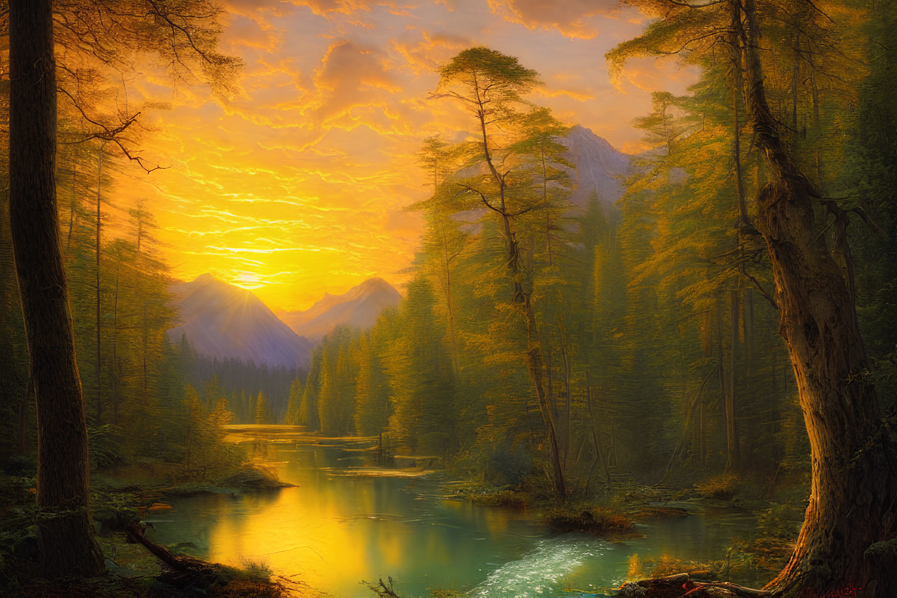 Tranquil forest sunset with tall trees, river, and mountains in vibrant orange sky