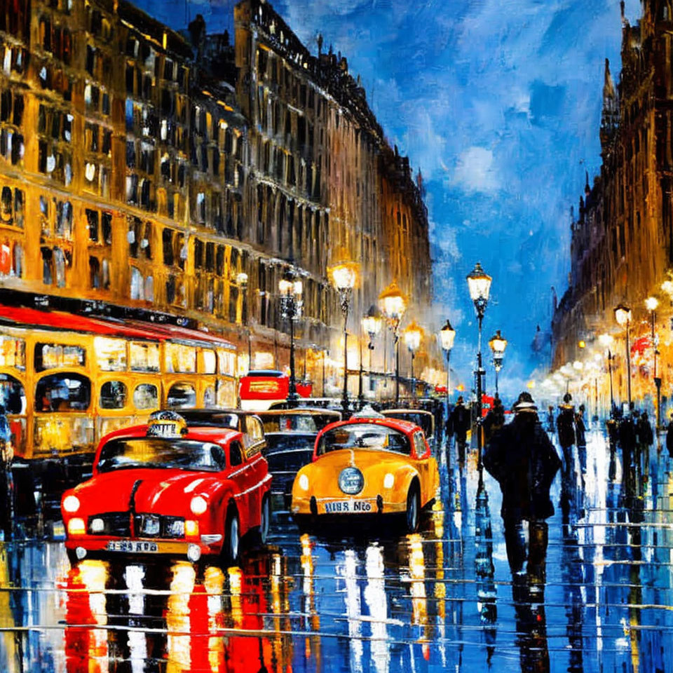 Vibrant painting of rainy city street with vintage cars and pedestrians