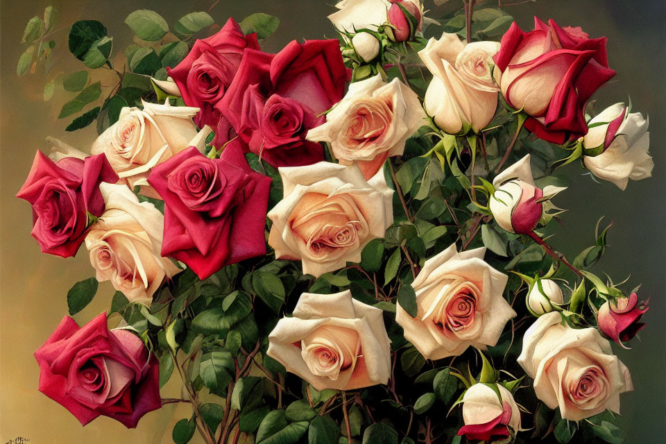 Assortment of Pink and Red Roses in Full Bloom and Buds