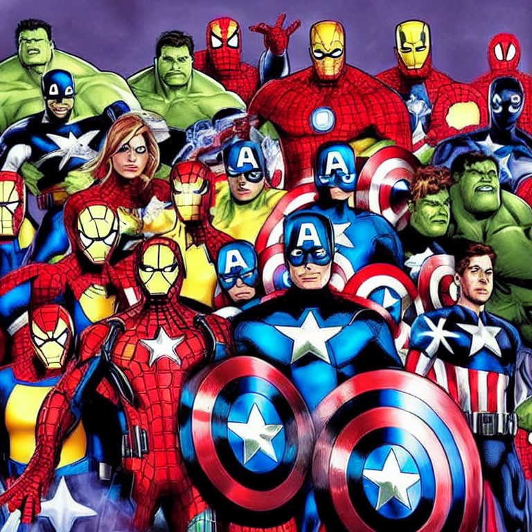 Vibrant superhero characters: Spider-Man, Captain America, Iron Man, Hulk